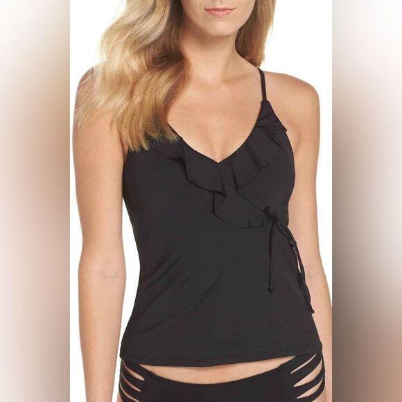 BECCA NWT Color Code Wrap Ruffled Tankini Swim Top in Black Size Small - Picture 3 of 7